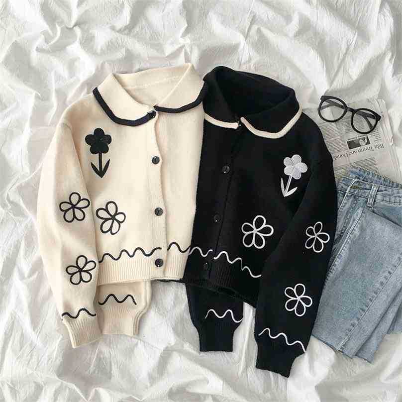 

Women Cute Sweater Spring Autumn Long Sleeve Single-breasted Turn Down Collar Embroidery Cartoon Knitted Short Cardigan 210525, Creamy-white