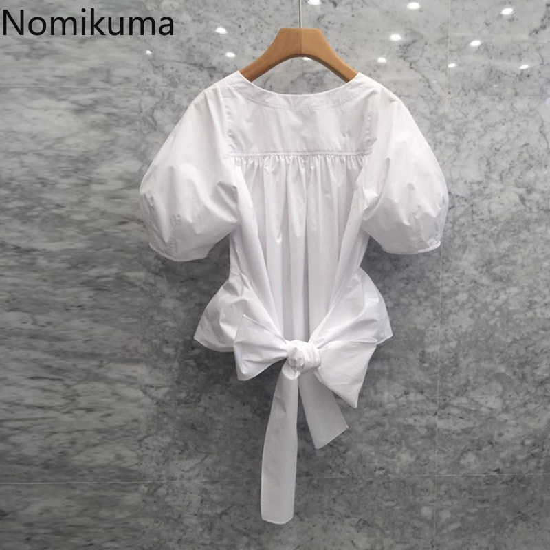 Nomikuma Korean Bow Tie Sweet Doll Shirt Spring V-neck Puff Short Sleeve Blusas Femme Slim Waist Short Blouses Mujer 6E986 210427