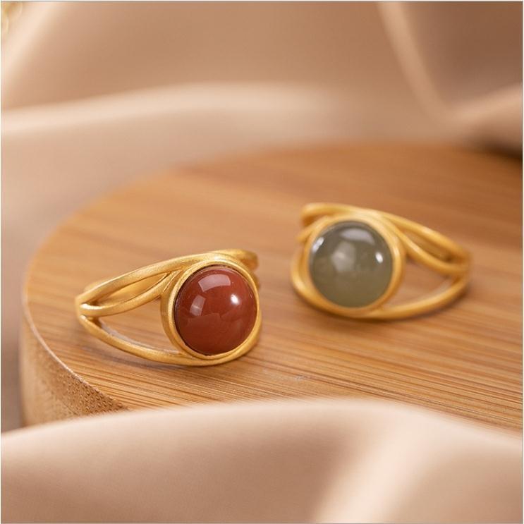 

Cluster Rings S925 Sterling Silver Natural South Red Agate Ring For Women Hetian Gray Jade Open Gold-Plated Fashion Gold, Golden;silver