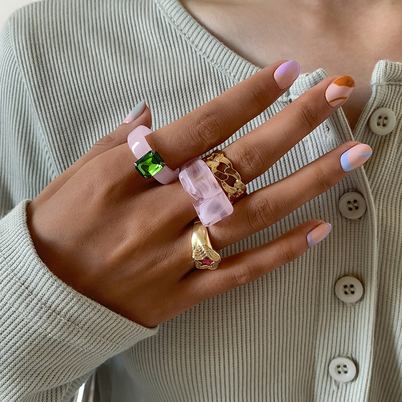 

Resin Irregular Star Metal Tail Bank Ring Retro Simple Style Ethnic Index Micro Inlaid Rhinestone Macaron Color Acrylic Joint Rings Finger Rock Jewelry Accessories