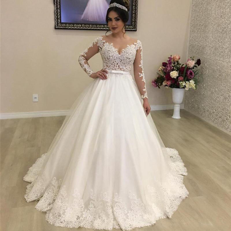 

Luxury Lace Princess Ball Gown Wedding Dresses Sheer Neck Illusion Long Sleeves Appliques Country Bridal Dress Vestido De Noiva, Silver