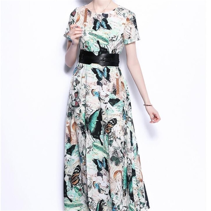

High Quality Runway Summer Dress Womens Short Sleeve Vintage Printed Casual Pleated Midi Vestido 210603, Picture color