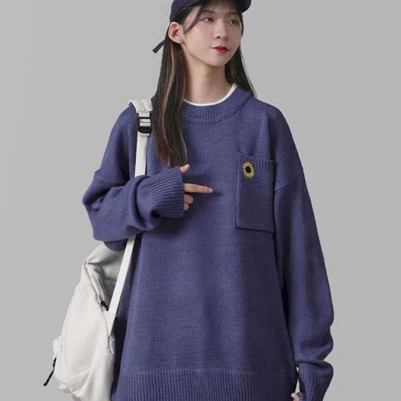 

Autumn and winter sweater round neck lazy wind retro small flower solid color girl student Korean loose wild 210526, Apricot