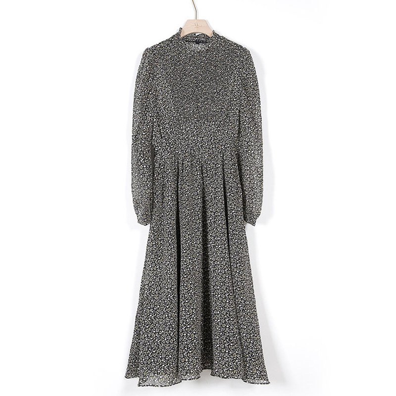

2021bgteever vintage stand collar ruched sleeve a-line dress women floral print elastic waist female dress spring vestidos femme 202, Black;gray