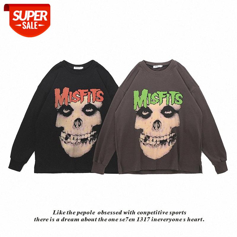 

All-match Harajuku style casual loose pullover round neck sweater horror skull print T-shirt #1h70, Black