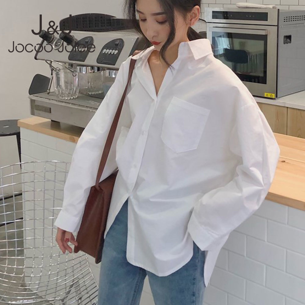 

Jocoo Jolee Elegant Long Sleeve Turn Down Collar Harajuku BF Blouse Korean Elegant Loose Shirt Casual Streetwear Oversized Tops 210518, As photo