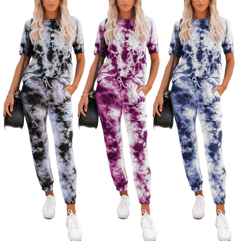 

Women's Tracksuits Imcute Top High-Waist Suit Summer Round Collar Loose Elastic Home Wear Tie-Dye Printed Running Clothes 2 Pieces Sets, Gray