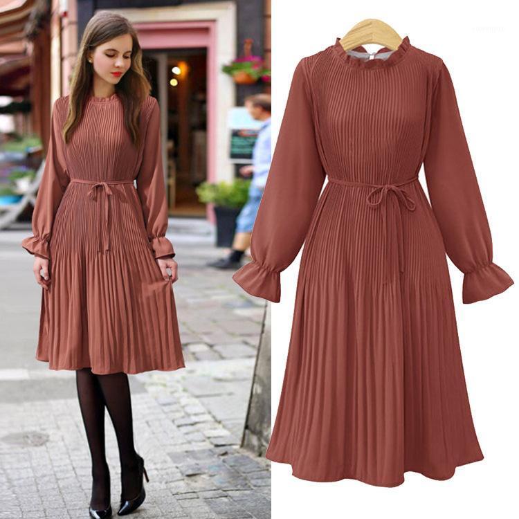 

Casual Dresses 2021 Spring Summer Women Chiffon Dress Vintage Mid-length Long Sleeve Slim Belt Big SkirtPleated Female D8, Black