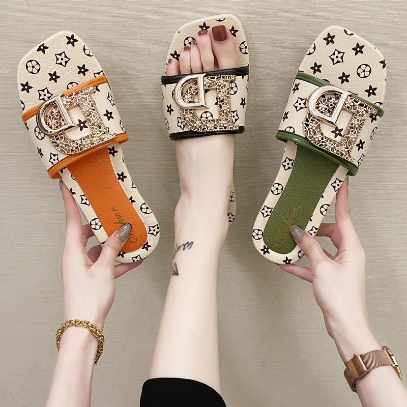 

Printed Letters Slippers 2022 Summer Women Fashion Square Head Soft Bottom Sandals Female Comfortable Non-slip Vacation Beach Shoes Flip-flops 36-41, Orange