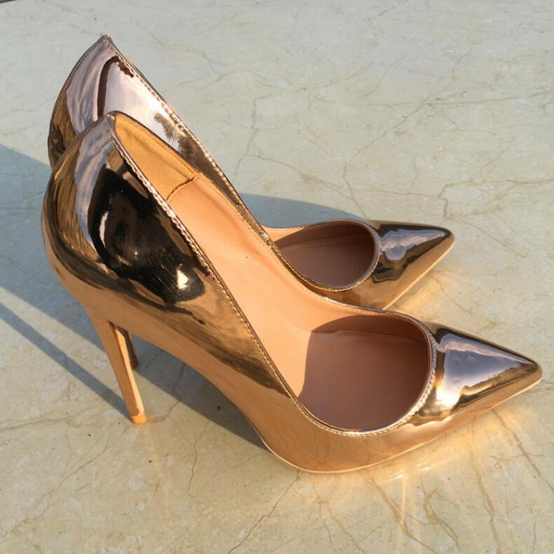 

New Fashion Champagne High-heeled Women Pumps 12cm Slim Heel Pointed toe Shiny Patent Leather Lady Banquet Party Shoes Woman Dress Shoes, Eu 38 about 24 cm feet length