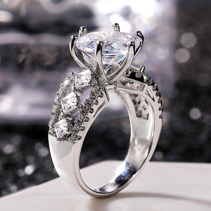 Wedding Rings JK Luxury Solitaire Engagement For Women Big Round Cubic Zircon Silver Color Ring Elegant Female Party Jewelry-image-704978511