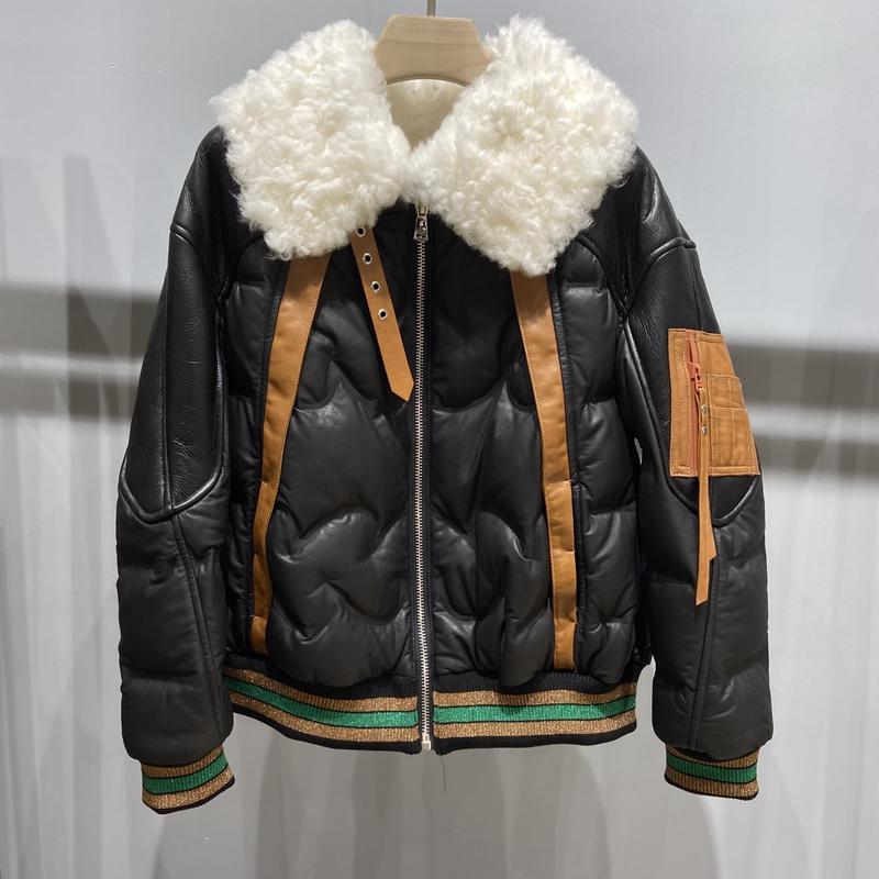 

Women's Fur & Faux Natural Sheepskin Coat Genuine Leather Down Jacket With Real Lamb Sheep Collar Loose Style Outwear, Black