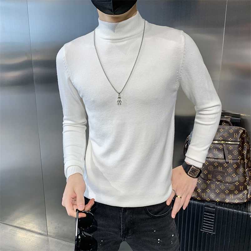 

Autumn Winter Solid Turtleneck Long Sleeve Knitted Sweaters For Men Clothing Simple Slim Fit Casual Pullovers Pull Homme 3XL 211018, White