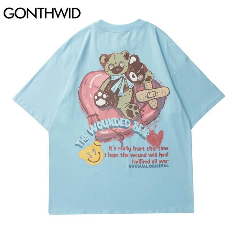 

Tees Shirts Streetwear Cartoon Bear Print Short Sleeve Tshirts Hip Hop Harajuku Fashion Summer Loose Casual Cotton Tops 210602, Orange