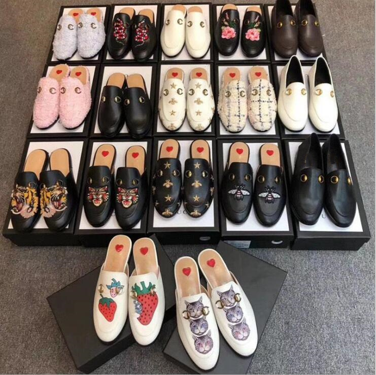 

Luxury Designer Brand Ladies Muller Shoes Scuffs Slippers Women Fashion 100% Leather Snake Tiger Embroidered Love Heart Decoration British Horsebit Lazy Loafers, #15