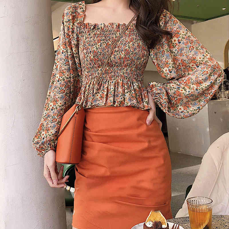 

Vintage Puff Slevee Floral Blouse French Long Sleeve Women Square Collar Korean Top Spring Flower Shirt Casual 210519, Floral tops
