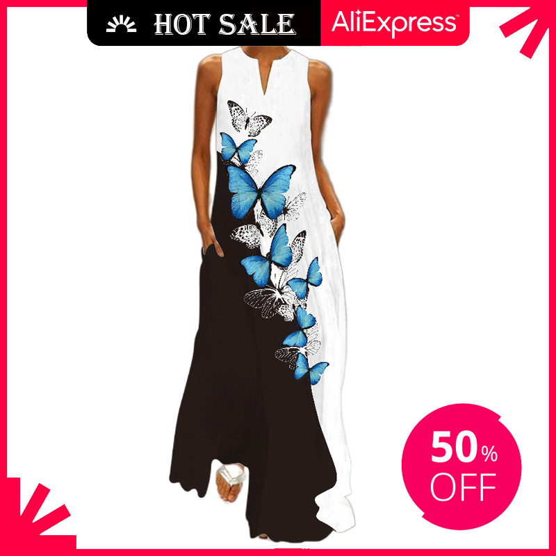 

MOVOKAKA Sleeveless Long Dress 2021 Casual Beach Women Summer Dress Lady V Neck Butterfly Printed Dresses Elegant Womens Dress, Vlcq-35