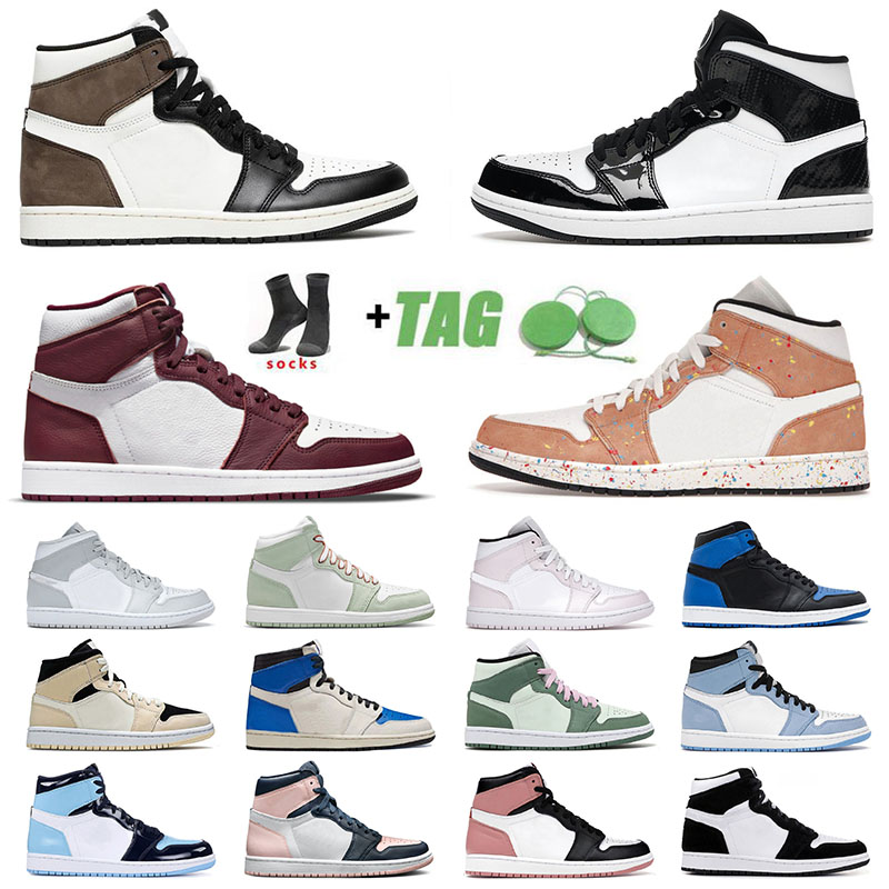 

Mens Womens Jumpman 1 1s Basketball Shoes Trainers Bordeaux High OG Dark Mocha University Blue Mid Carbon Fiber Crimson Tint Seafoam Sports Sneakers Size 36-46, # brushstroke 36-46