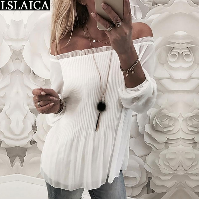 

Womens tops and blouses white off the shoulder mesh casual folds long sleeve office chiffon women clothing 210520