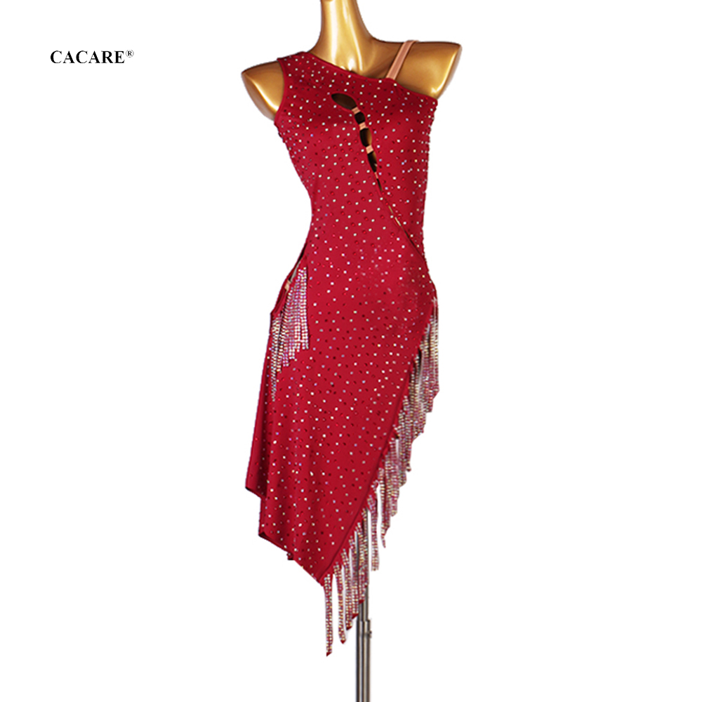

NEW Sexy Latin Dance Dress Women Latina Salsa Latin Dance Competition Dresses Fringe Customize D1027 Split Tassels Hem Backless CACARE, Red