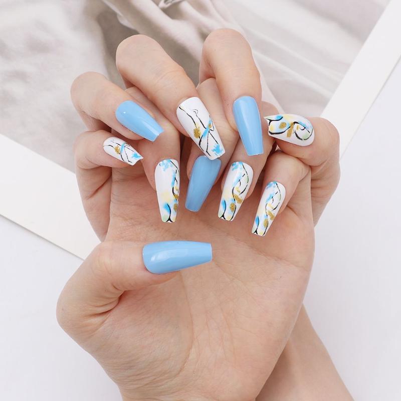 

False Nails Fashion Glitter Blue Nail Art Ballet Tip T-Shaped Fake, Red;gold