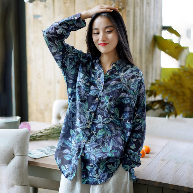 

Johnature Women Vintage Print Floral Shirts Ramie Blouses Button Autumn Long Sleeve Loose Women Clothes Casual Shirts 210521, Beige