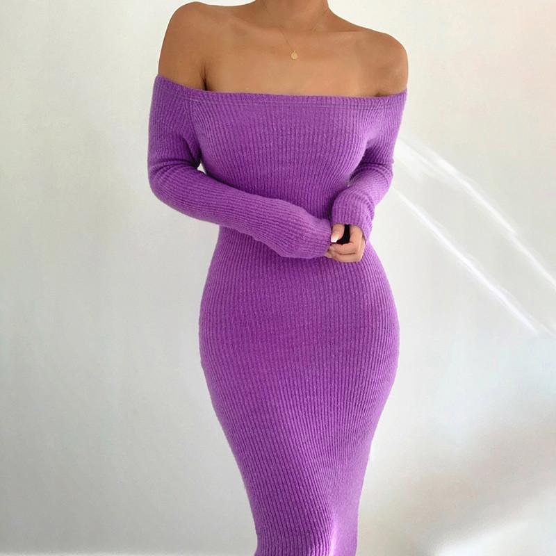 

Casual Dresses Winter Sweater Women Aesthetic Dress Sexy Clothes Purple Off Shoulder Elegant Bodycon Party Club Outfits Long Sleeve Robe Fil, Gray