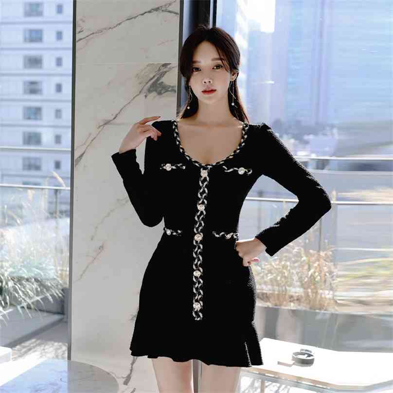 

Black Sexy korean ladies fall long SLeeve ruffle Office Party night Dress for women china clothing 210602