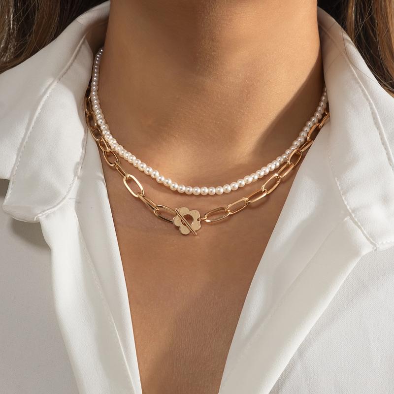 

Earrings & Necklace Europe And America Style Charm Flower Clavicle Bracelet For Women Double-Deck Pearl Chain Fashion Jewelry, Silver