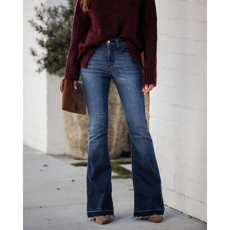 

jeans 2021 stitched slim flared pants classic for women, Blue