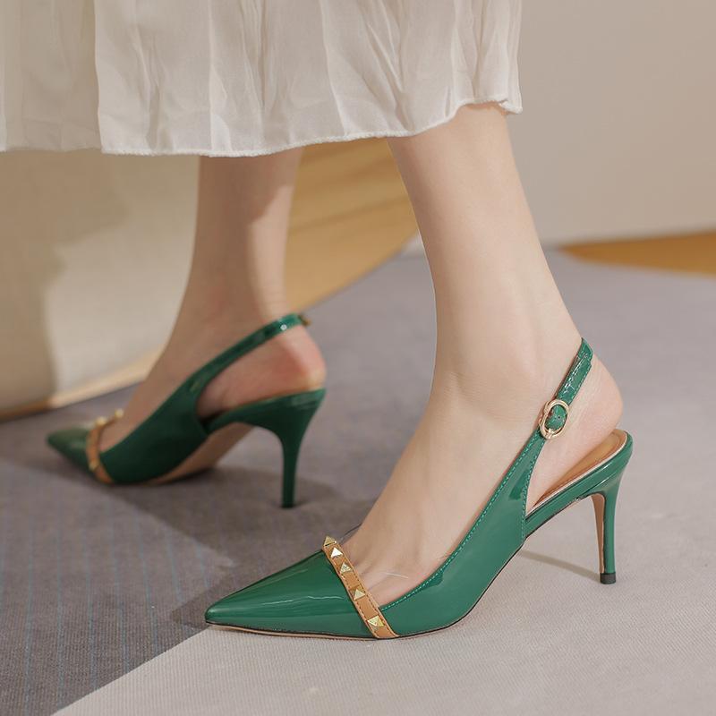 

Summer Patent Leather Women's Shoes Green Stiletto High Heels Pointed Toe Buckle Rivet Fashion Sandals