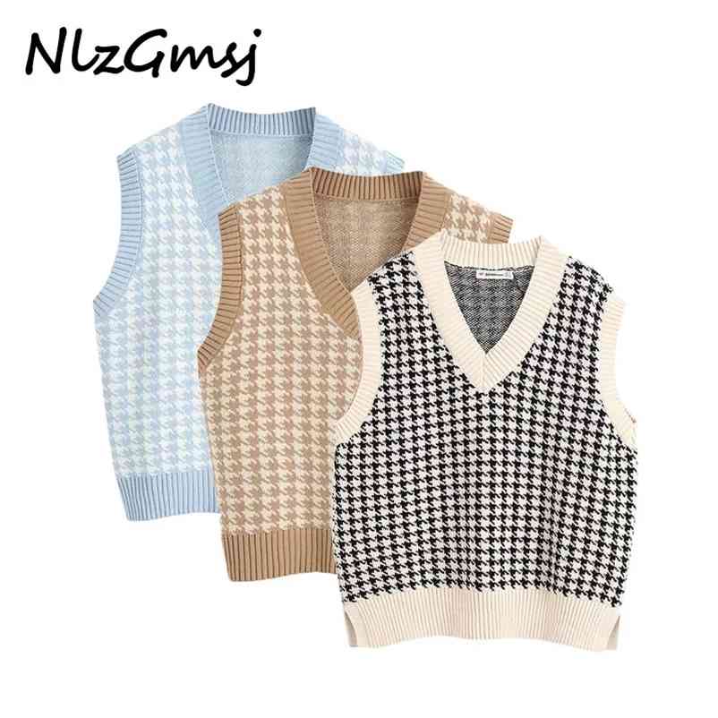 

Knitted Sweaters Pullovers Vest Women Plaid Sleeveless Casual Ladies Sweater Female Spring Autumn 210628, Beige