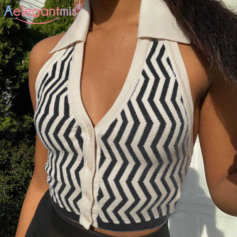 

Aelegantmis Streetwear Striped Knitted Backless Halter Collar Tank Top Women Sexy Slim Crop Tops T Shirt 90s Fashion Girls 210607, Brown