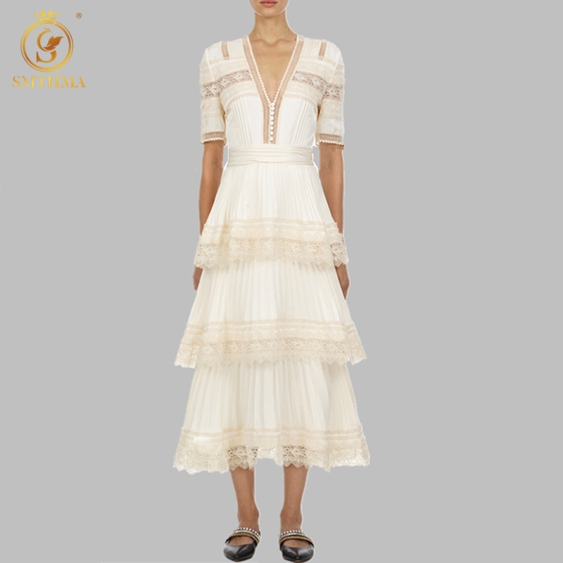 

Women Cascading Ruffle Summer Self Portrait Dress Short Sleeve Lace Patchwork Maxi Long Vestidos 210520, Photo color