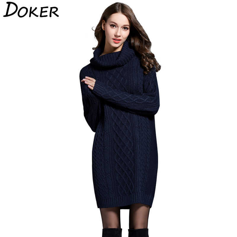 

Elegant Turtleneck Pullovers Office Ladies Long Sweater Women Sleeve Thick Autumn Winter Knitted Dress 210604, White