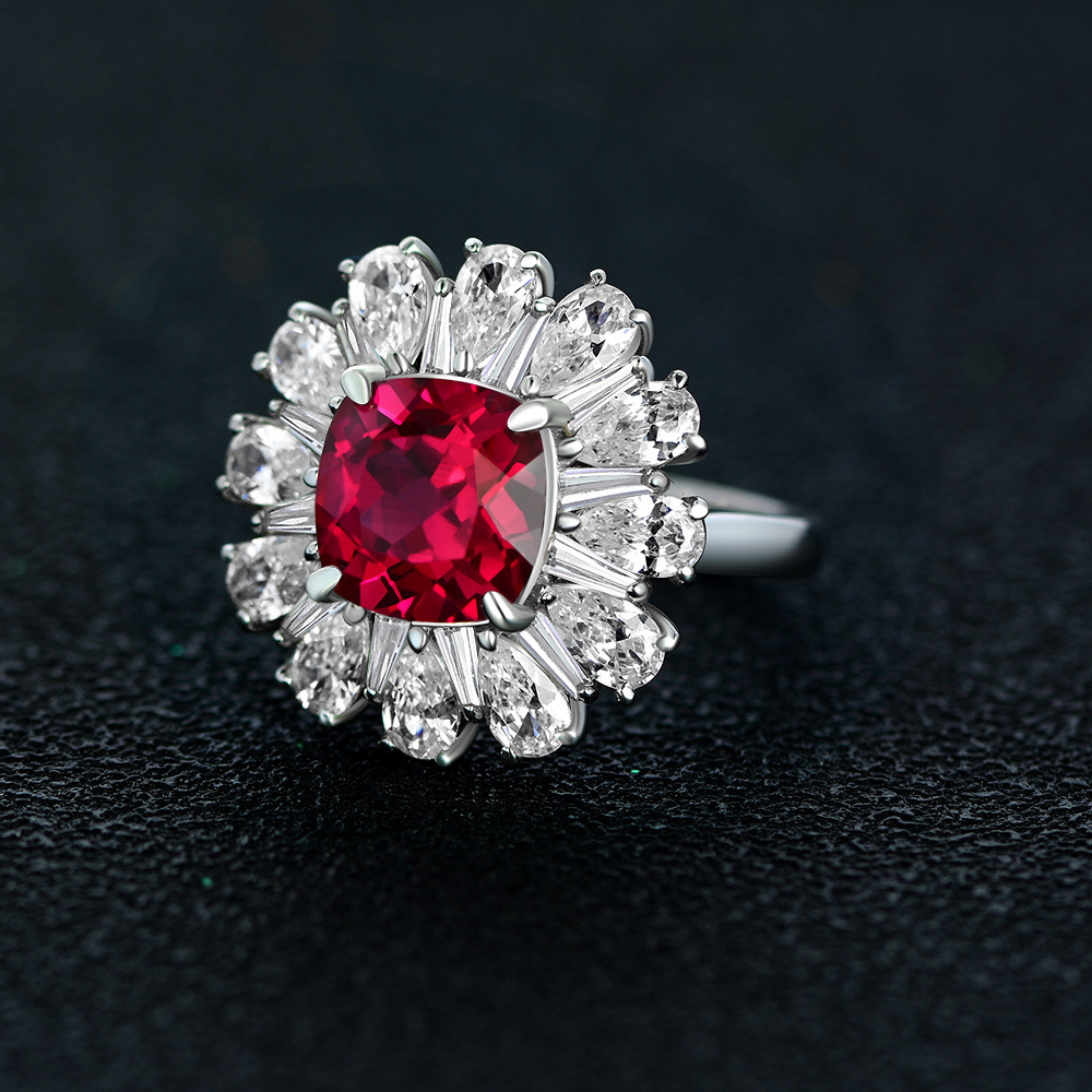 

2021 Vintage Real 925 Sterling Silver Ring Square Cut 9*9MM Ruby Flower Design Luxury Women's Anniversary Fashion Jewelry