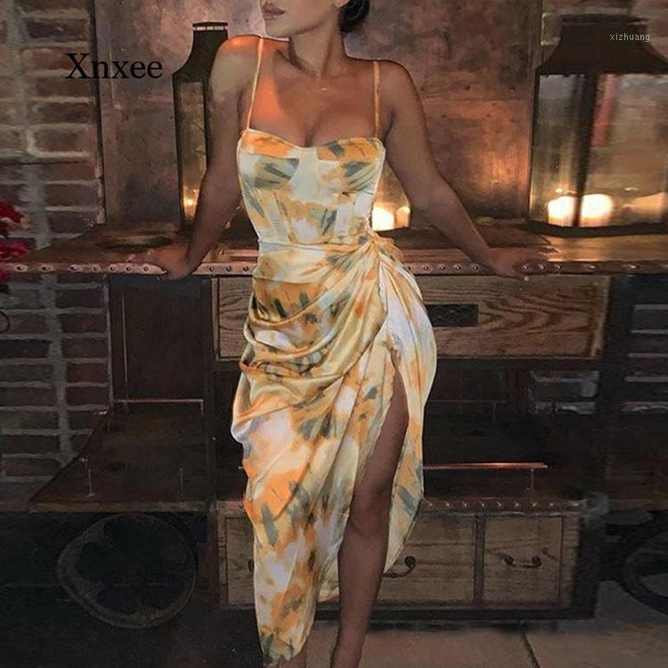 

Casual Dresses Tie Dye Flower Print Midi Dress Women Vintage Yellow Spaghetti Strap Hem Slim Waist Slit Irregular Long Sling Vestido