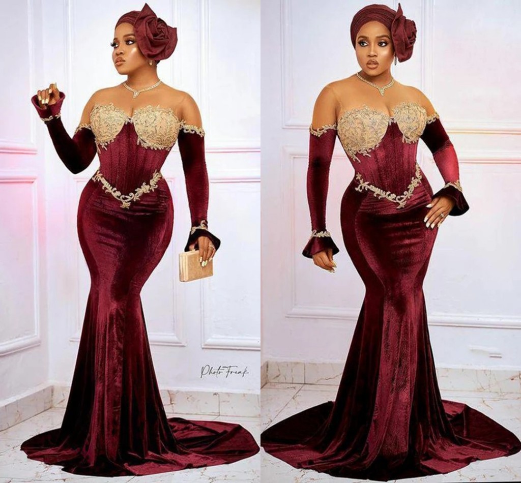 

2022 Vintage Burgundy Velvet Mermaid Evening Bridesmaid Dresses Detachable Juliet Long Sleeves South African Lace Pageant Cocktail Homecoming Prom Dress, Ivory