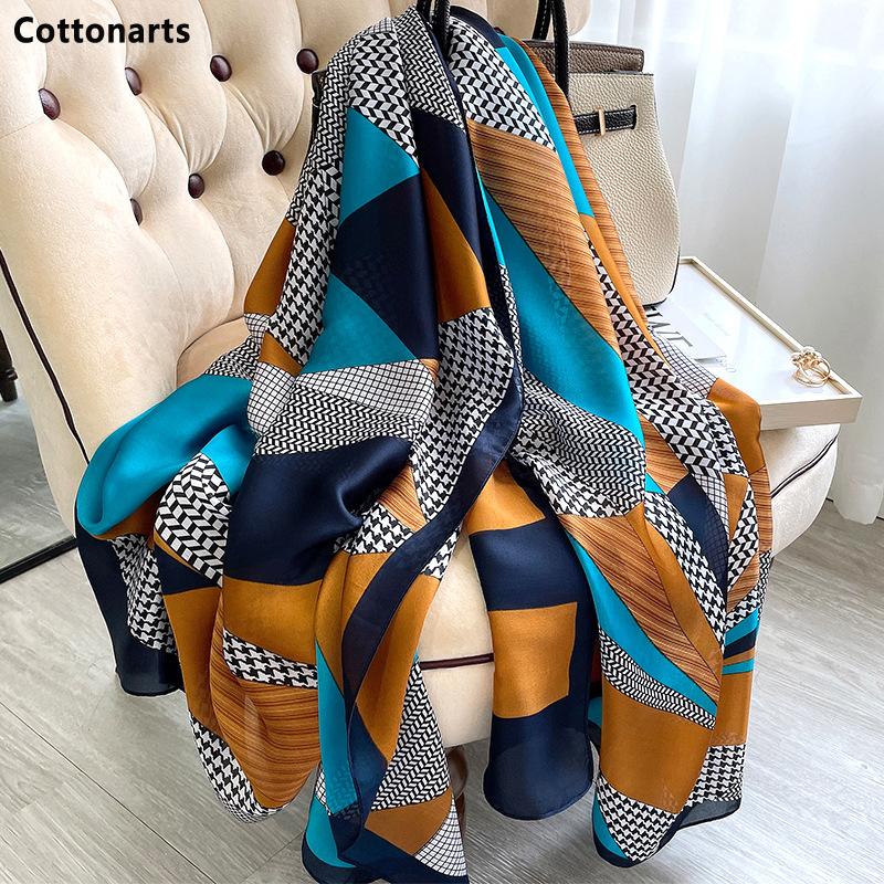 

Scarves Brand Designer Silk Scarf Foulard Geometric Print Long Shawls Wraps Lady Warm Neck Muffler Female Beach Sunscreen Pareo