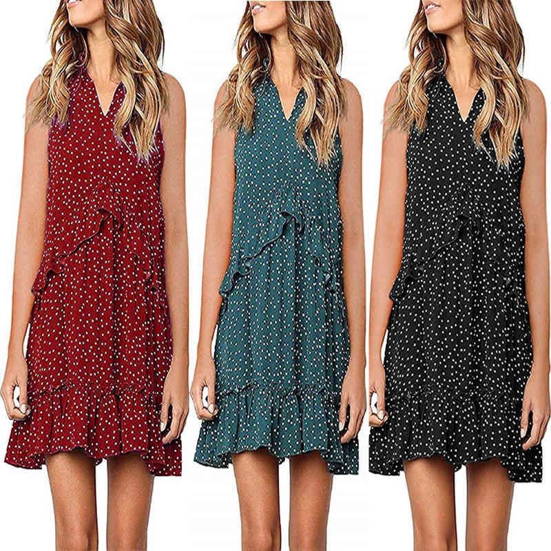 

Spring Summer Women Dress Sleeveless Ruffle Polka Dot Print Party Mini es Boho V Neck Sundress Vestidos 210517, Black