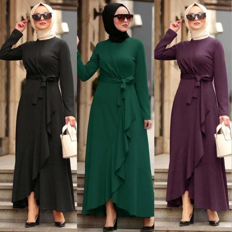 Fashion Irregular Ruffles Long Sleeve Muslim Peignoir Abayas Female Dresses Dubai Islamic Turkey With Belt F1732 Ethnic Clothing