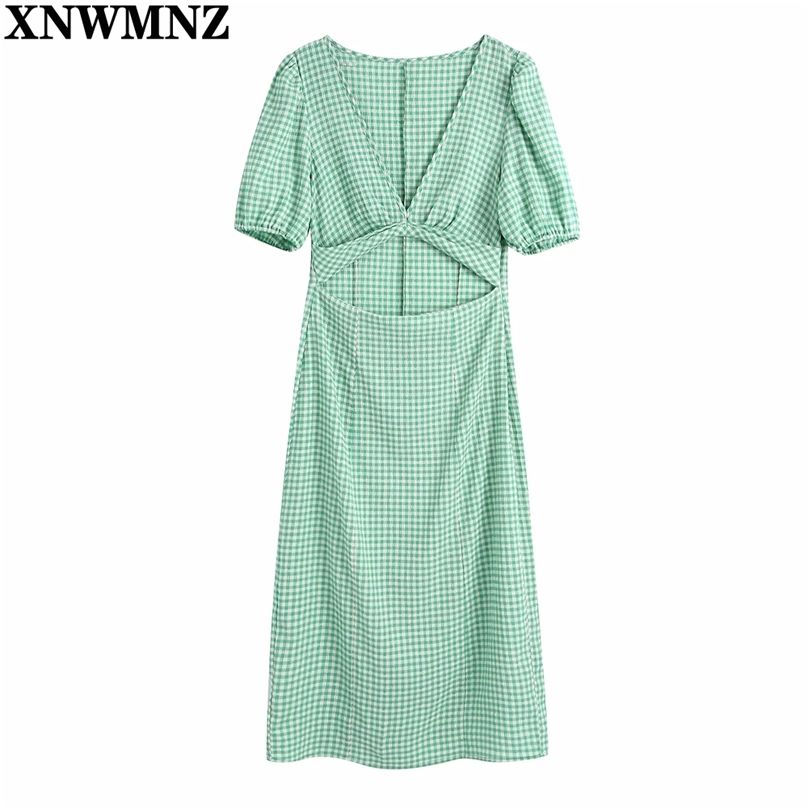

Summer Women Chic Fashion Hollow Out Check Midi Dress Vintage V Neck Puff Sleeve Female Dresses Vestidos Mujer 210520, Green
