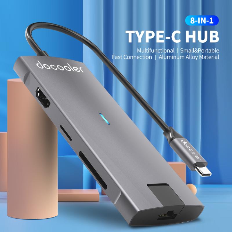 

Docooler Multifunctional 8-in-1 Aluminum Alloy Type-C Hub To USB3.0 HD Converter Adapter With TF Card Slots USB Hubs
