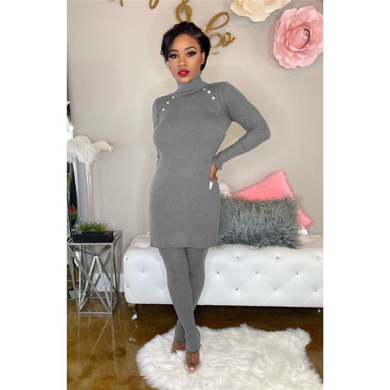

Womens Designer Button Tracksuits Long Flare Sleeve Sweater and Long Pant Fashion High Neck Womens Apparel, White
