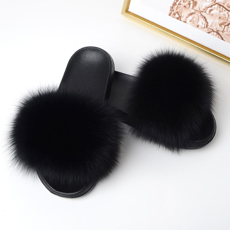 

Slippers Hair Women Fur Home Fluffy Sliders Plush Furry Summer Flats Sweet Ladies Shoes Cute Pantufas, Black