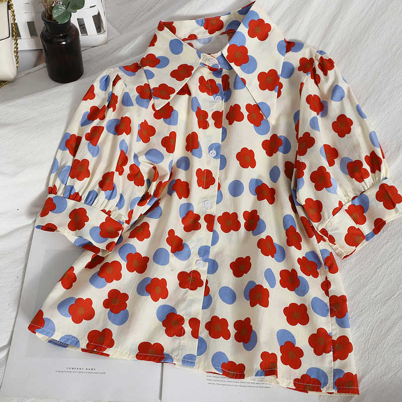 

VANOVICH Fashion Women Shirt Spring and Summer Korean Style Wild Ladies Blouses Tops Lapel Puff Sleeve Clothing 210615, Green