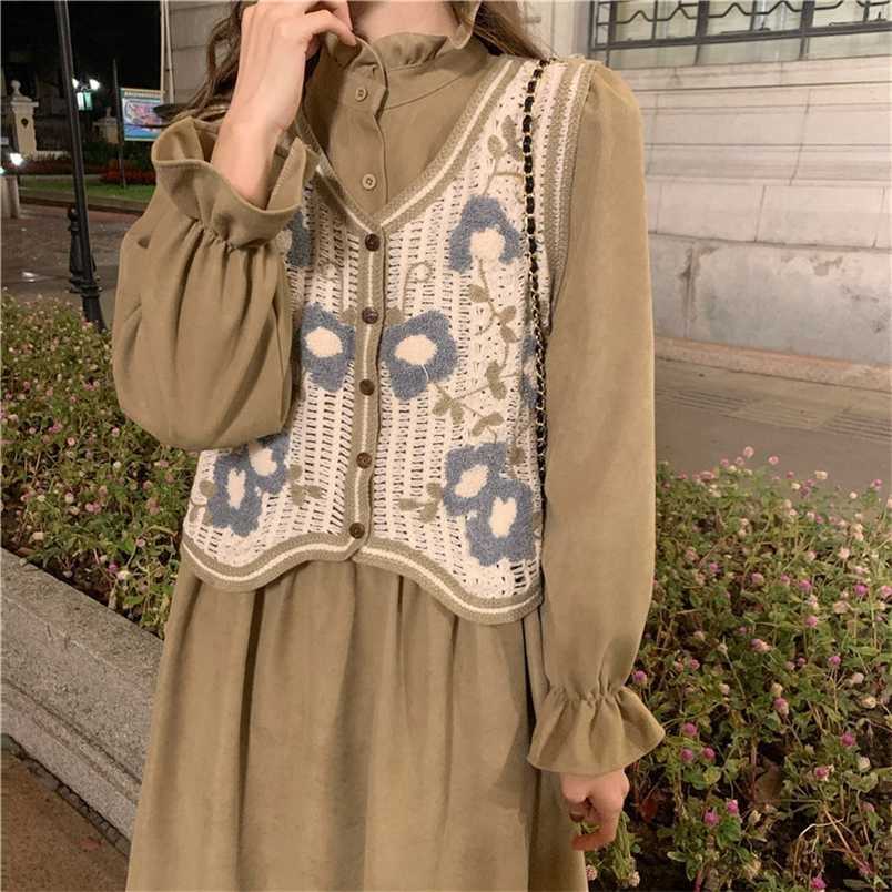 

Dress Early Spring Autumn Button Midi Dresses French Small Temperament Two Piece Set Women's Dress 211109, Apricot vest