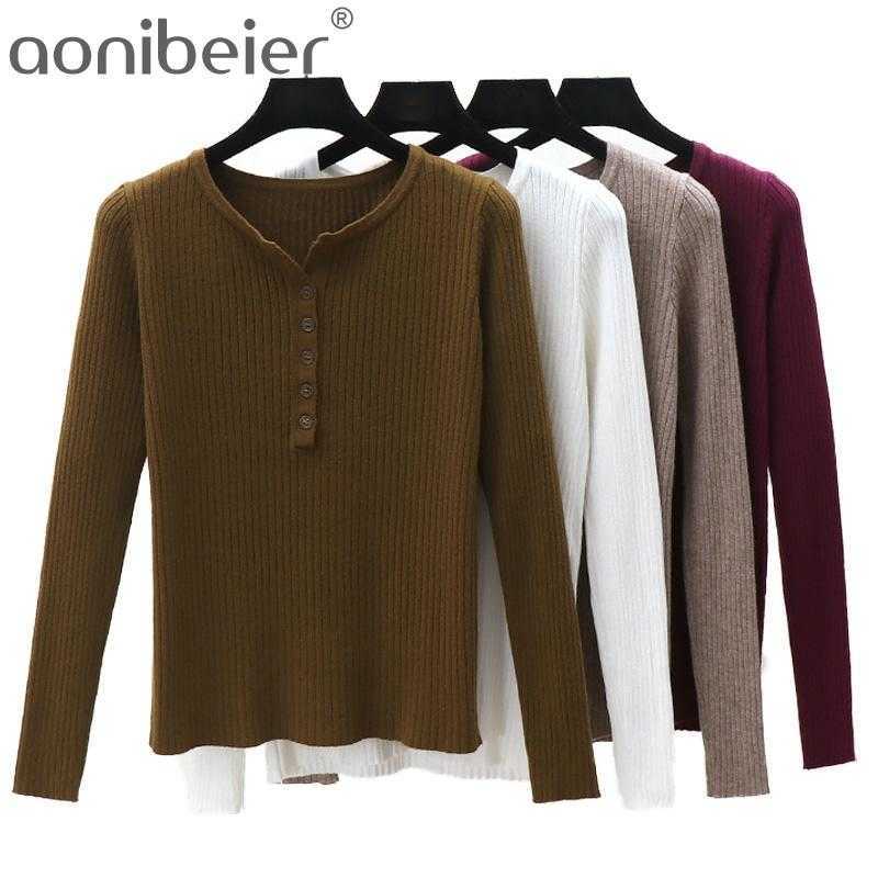 

Autumn Winter Button V Neck Sweater Women Basic Slim Pullover Woman Sweaters And Pullovers Knit Jumper Ladies Tops 210604, Brown