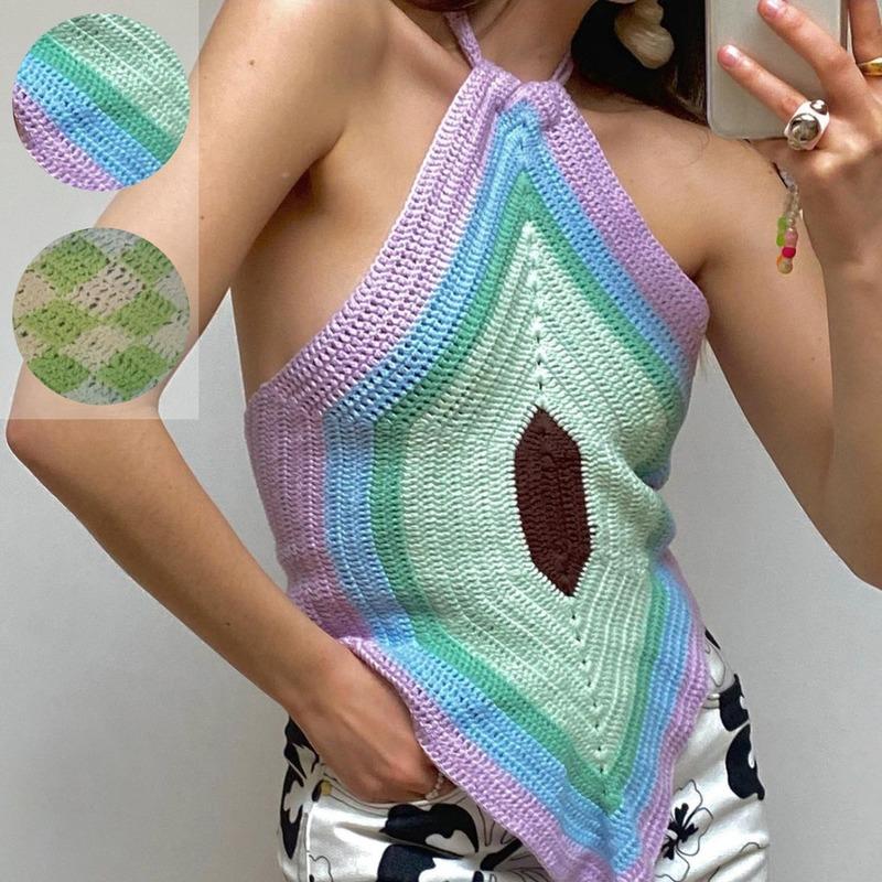 

Women's Tanks & Camis Sweater Vest Sexy Backless Knitted Cropped Tank Top 2021 Ssummer Cotton Fashion Halter Bandage Baby Tees Y2K Crop Tops, White