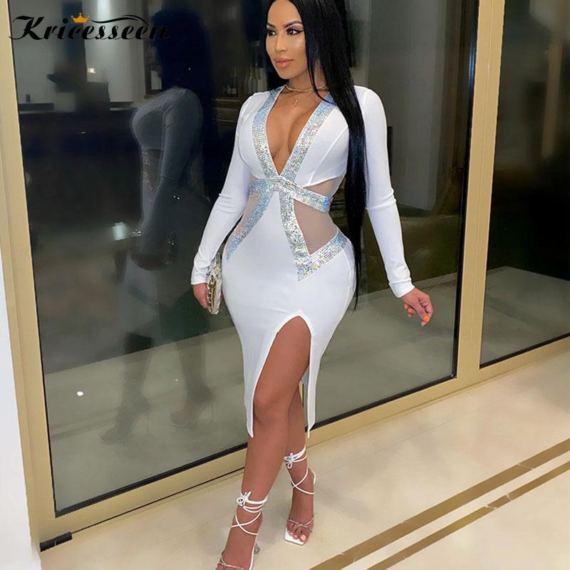 

Kricesseen Sexy White Drilling Mesh Patchwork Midi Dress Women Deep V Neck Hem Split Bodycon Party Clubwear Outfits Casual Dresses, Black